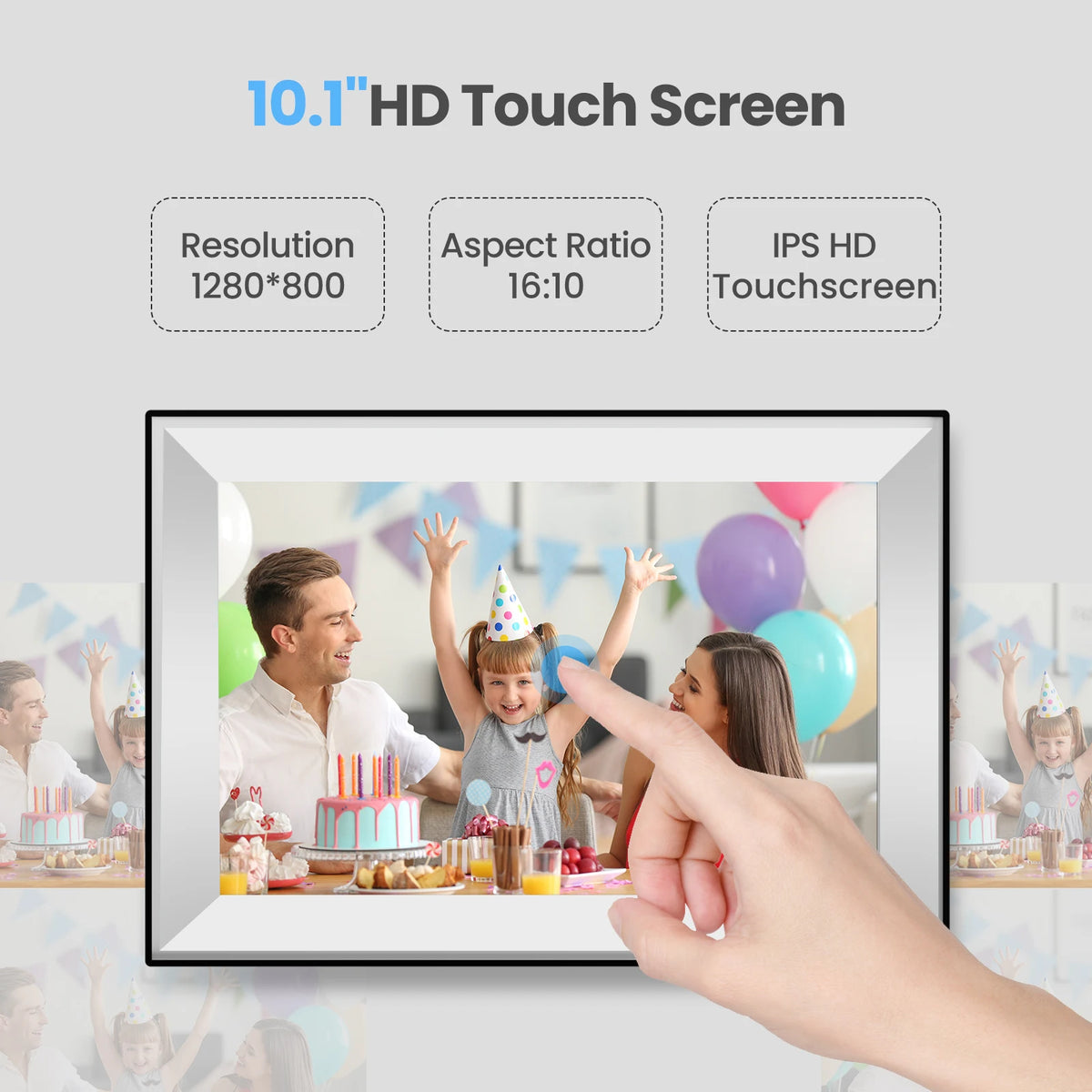 A hand is touching a 10.1 inch HD touch screen digital photo frame displaying a colorful birthday party scene.