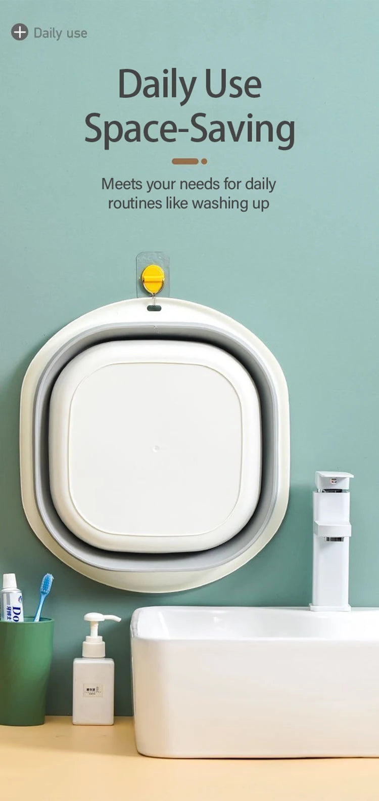 A white foldable plastic wash basin is shown next to a white sink, illustrating daily use space-saving features.