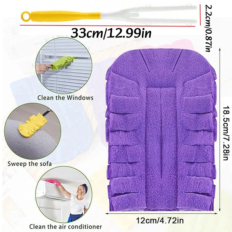 Purple reusable electrostatic duster refill with yellow handle used for cleaning windows, sofas, and air conditioners.