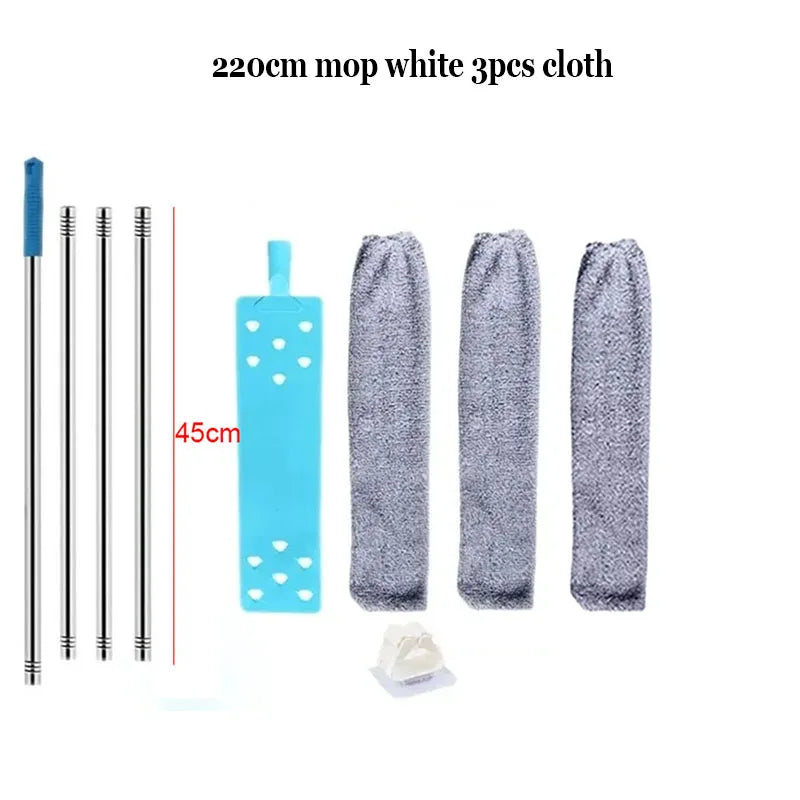Three pieces of 220cm mop white cloth and telescopic rods for cleaning