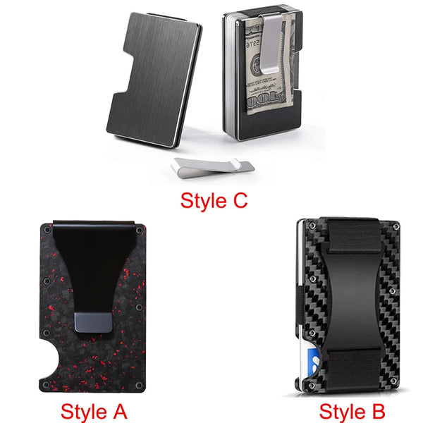 Three styles of carbon fiber slim card wallets shown: Style C, Style A, and Style B.