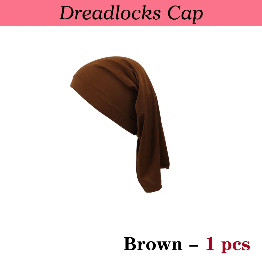 A brown spandex dreadlock tube cap shown in a side view.