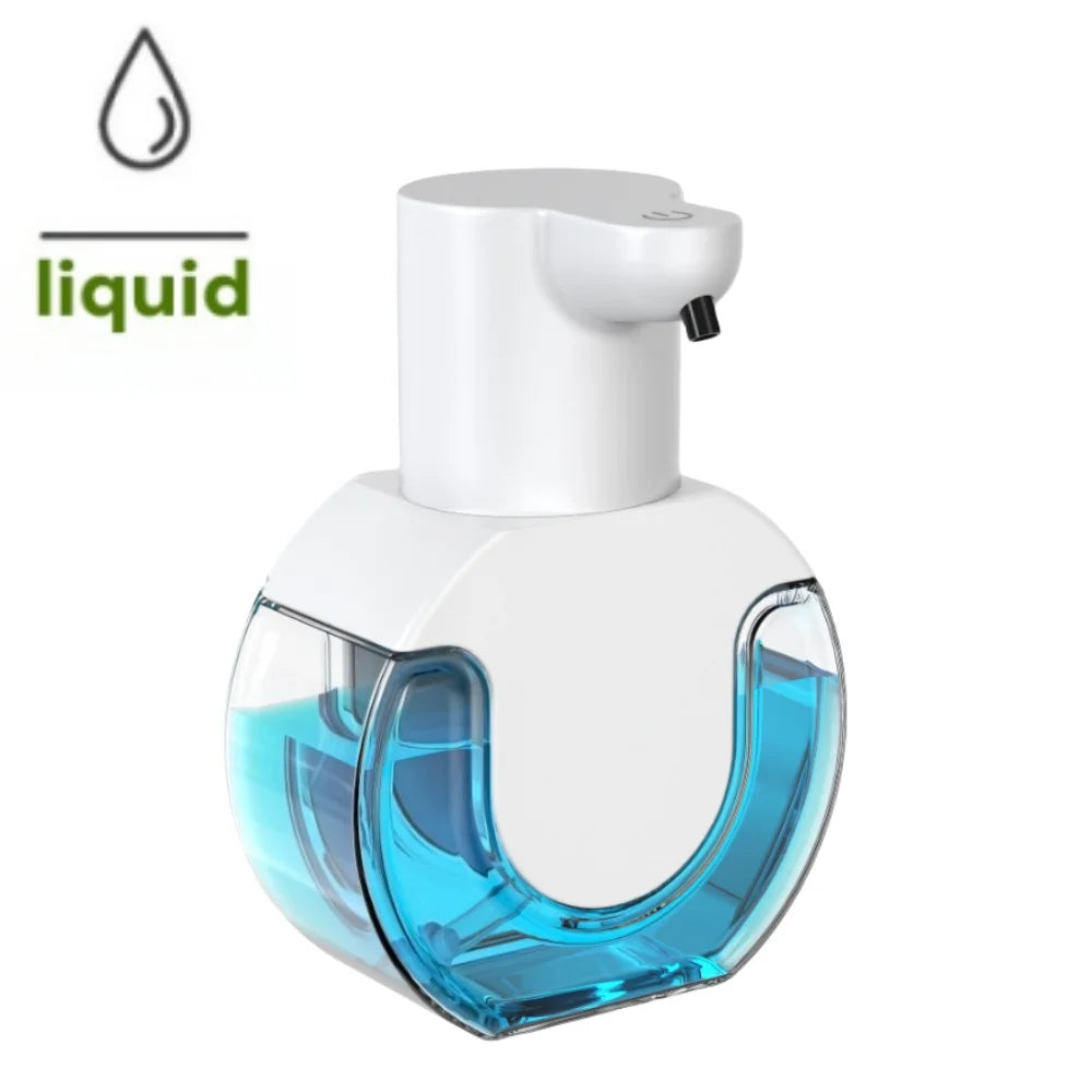 A white touchless electric soap dispenser with a clear blue liquid reservoir.