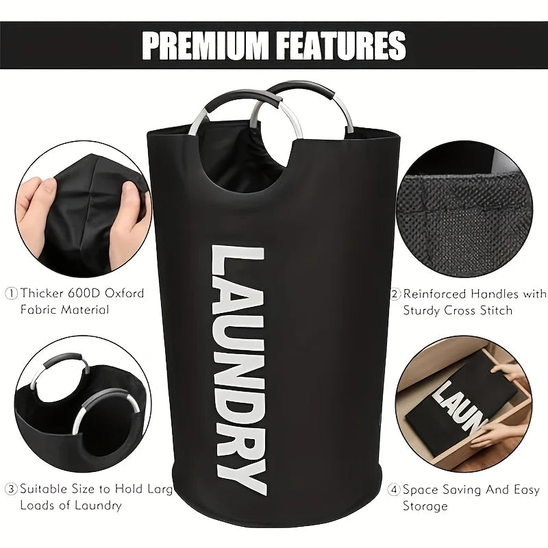 Black laundry hamper with reinforced handles and storage space for laundry items