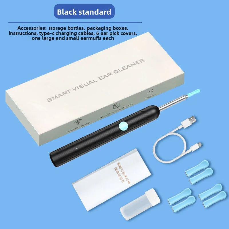 A white box and black cleaning tool for smart visual ear cleaning, including accessories like bottles, boxes, and ear muffs.