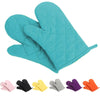 A teal quilted heat resistant oven mitt is shown alongside several other colored quilted oven mitts.