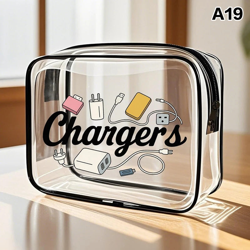 Clear plastic portable storage pouch with a black zipper featuring a graphic of various charging cables and devices.