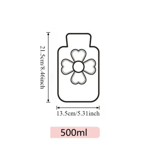 Outline drawing of a 500ml hand warmer water bag with a flower design and dimensions.