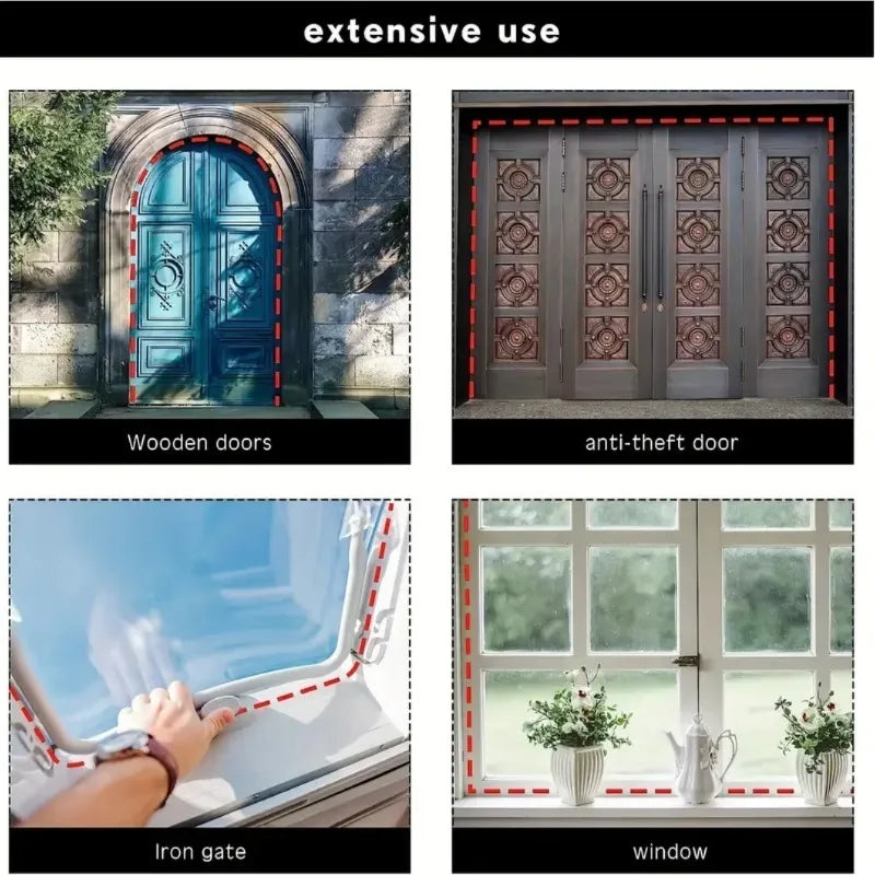 Various examples of D-shape weather stripping used on wooden doors, anti-theft doors, iron gates, and windows.