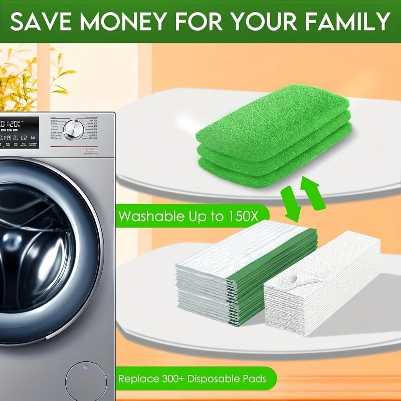 Reusable green mop replacement cloths stacked on a white plate next to a washing machine.