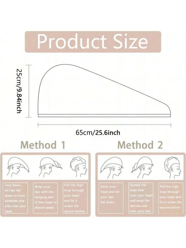 Diagram showing the size and two methods for using a microfiber hair drying towel wrap.