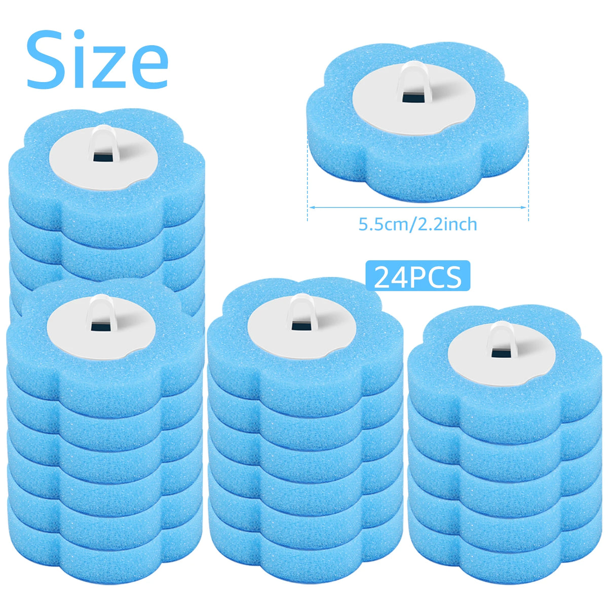 Un ensemble de brosses de toilette jetables bleues avec des têtes blanches, présentées dans divers agencements.