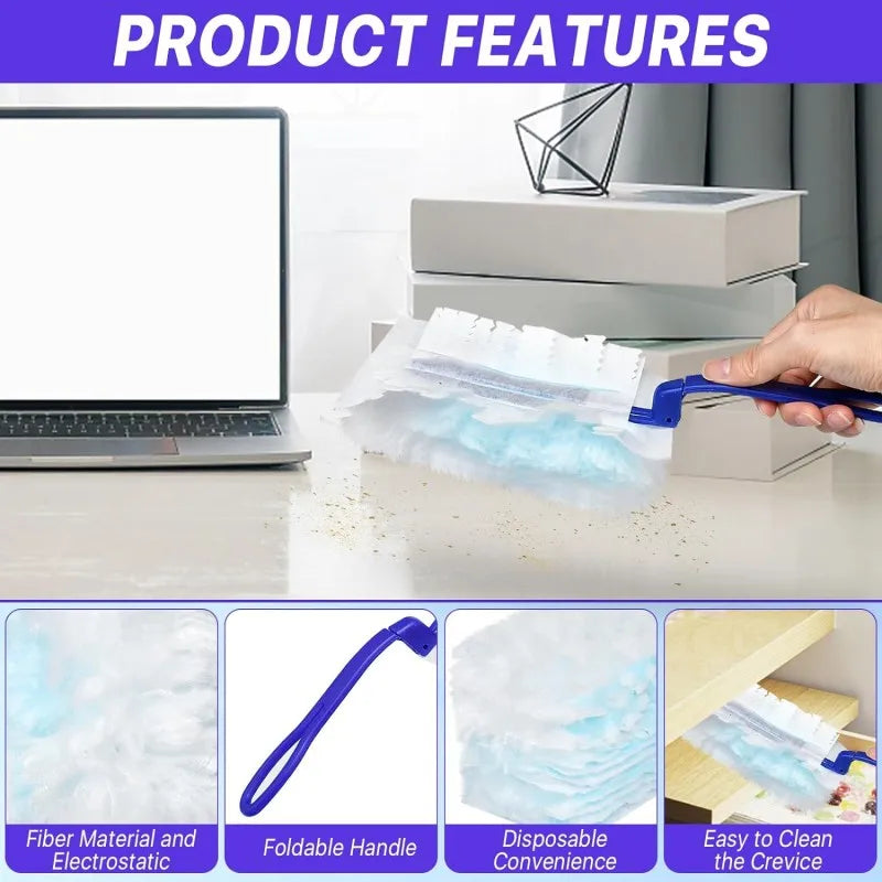 A hand is using a blue foldable handle to remove fluffy white fiber material from a box of disposable electrostatic cleaning 