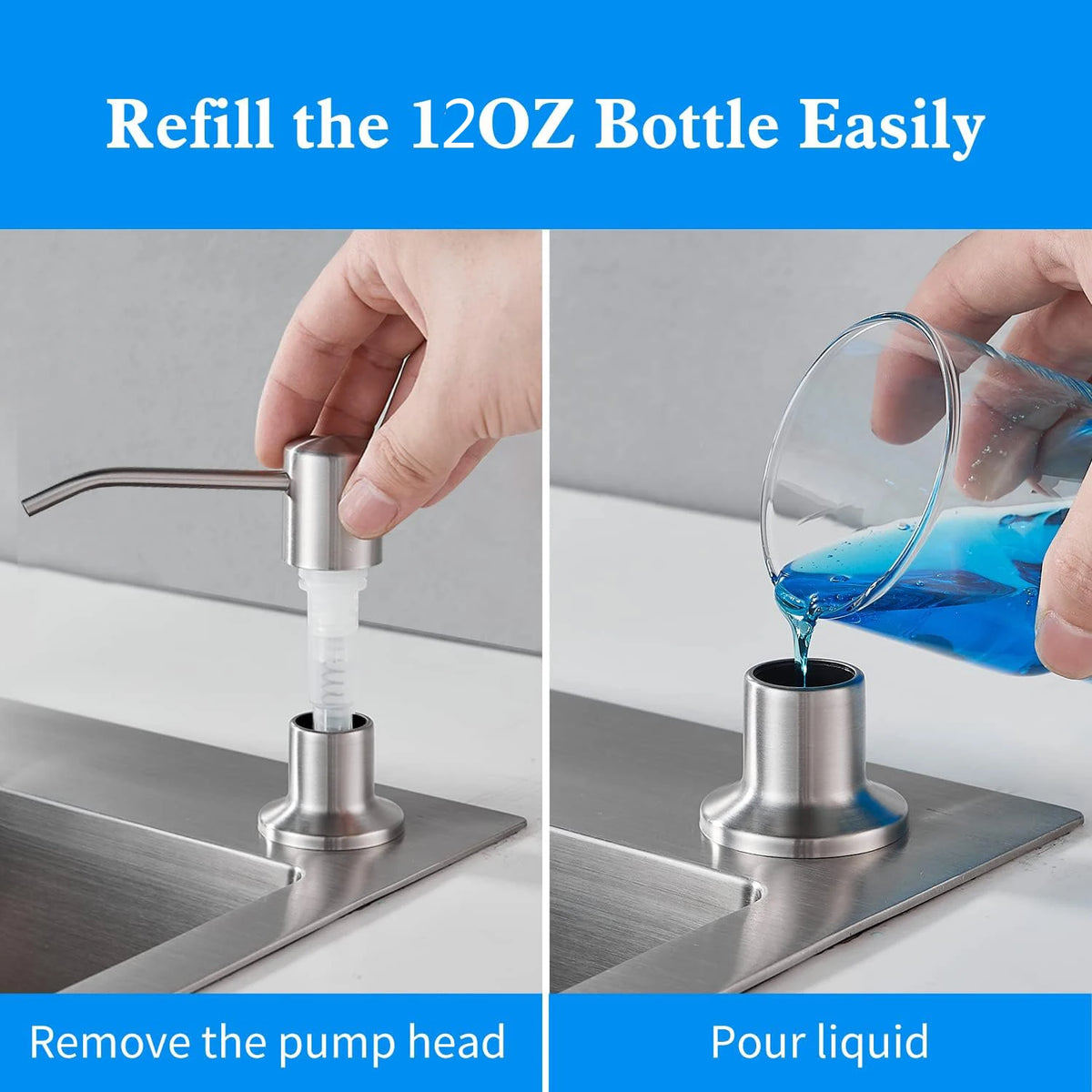 Demonstration of refilling a 12oz bottle using a stainless steel liquid soap dispenser pump.