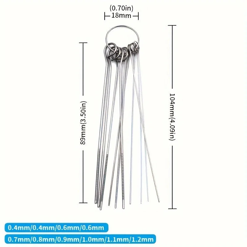Stainless steel shower head cleaning brush set with various sized bristles and a hanging design