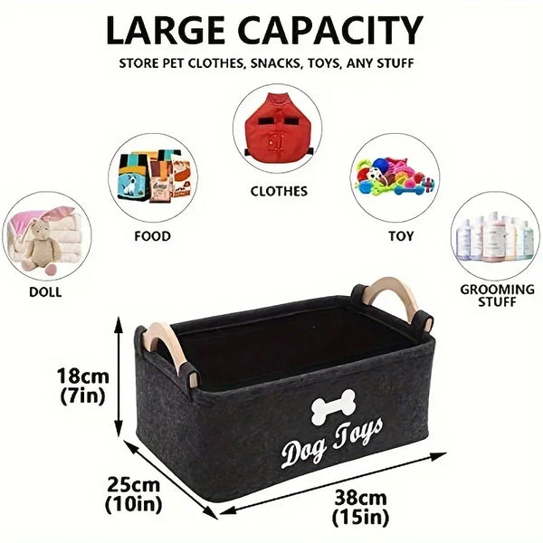 A large felt storage basket for pet items including clothes, snacks, toys, and grooming stuff.
