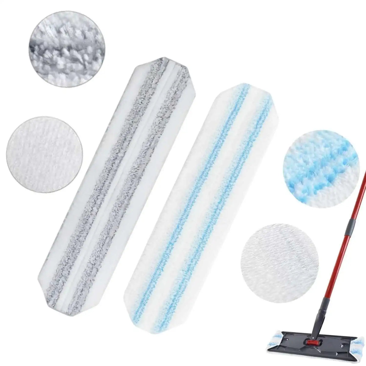 Set of microfiber flat mop head refills in gray and blue colors for cleaning.