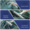 Three steps for cleaning glass: spray water, sponge rubbing, and scrape off water stains.