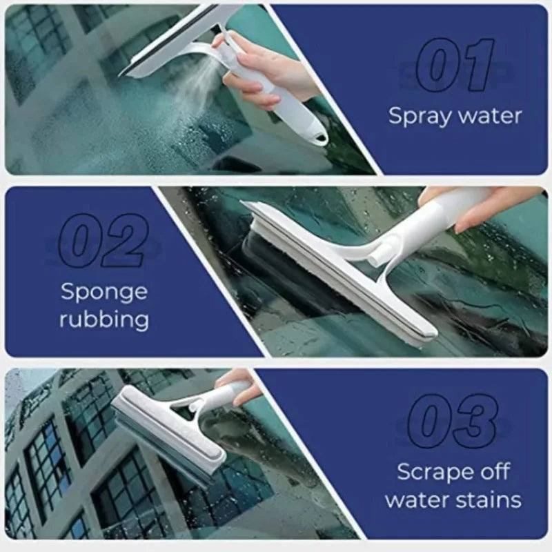 Three steps for cleaning glass: spray water, sponge rubbing, and scrape off water stains.