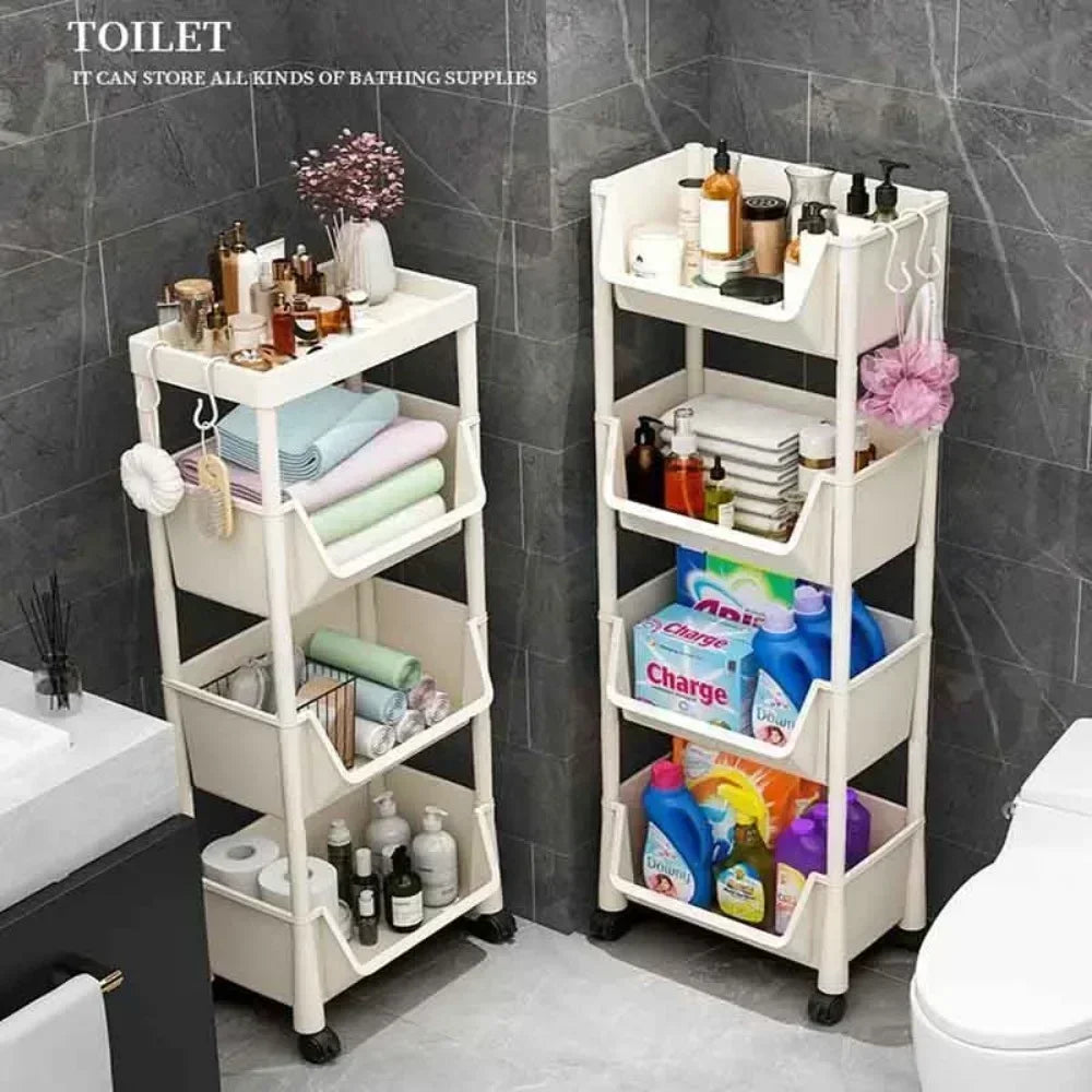 A white multi-layer portable storage rack with wheels used to store various bathing supplies in a bathroom.