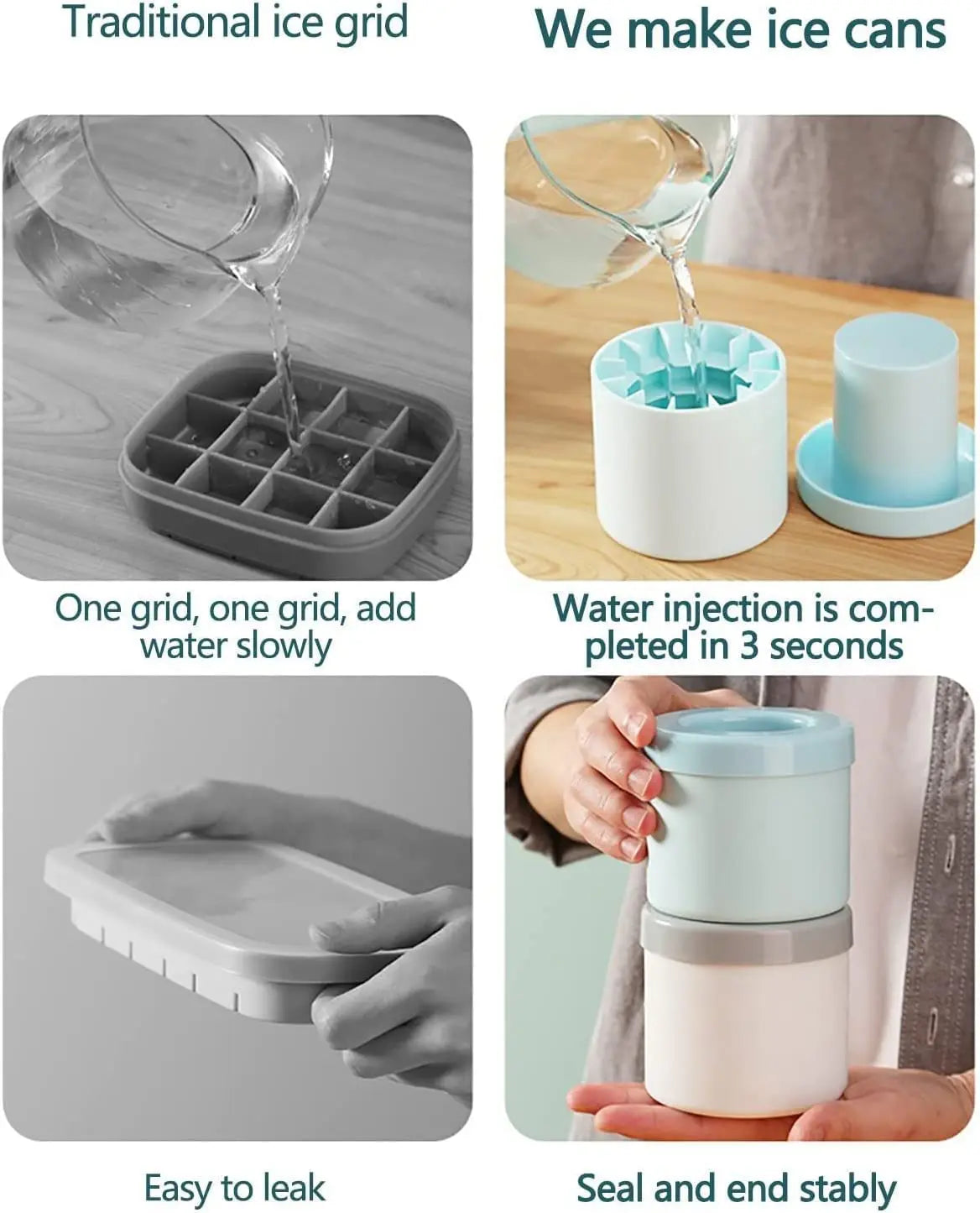 A set of silicone ice cube molds and containers demonstrating a method for making ice cans.