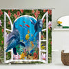 A shower curtain featuring a decorative scene of dolphins and colorful fish in an arched frame.