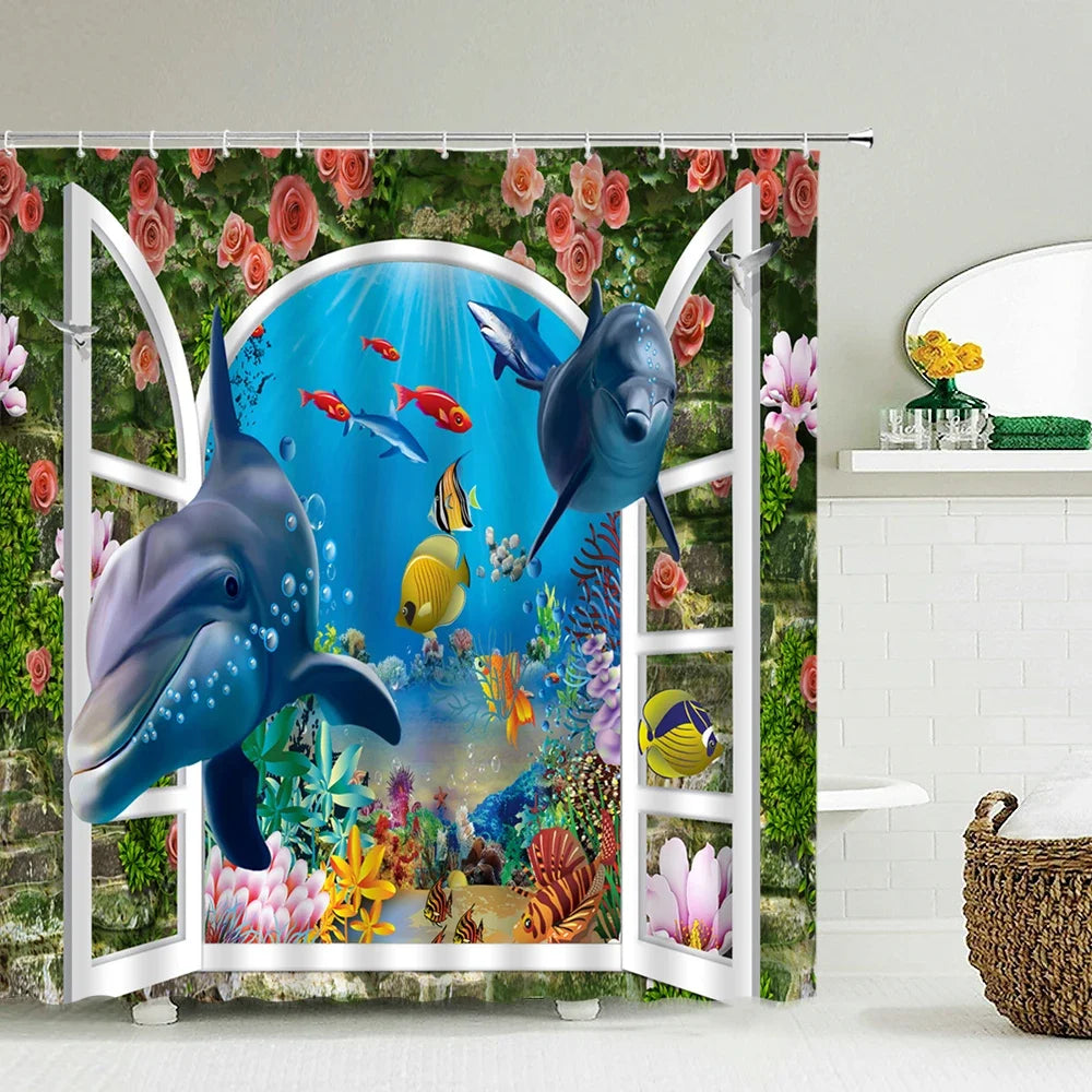 A shower curtain featuring a decorative scene of dolphins and colorful fish in an arched frame.