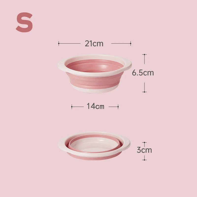 Cuenco plegable portátil de lavandería rosa, con dimensiones de 21 cm y una profundidad de 6.5 cm.