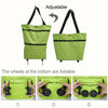 Adjustable lime green foldable shopping bag with collapsible wheels shown in three views.