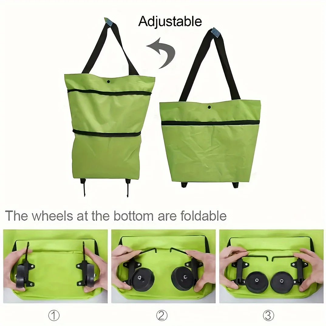 Adjustable lime green foldable shopping bag with collapsible wheels shown in three views.