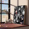 A vertical canvas art poster featuring multiple stylized anime characters in dark and light tones.