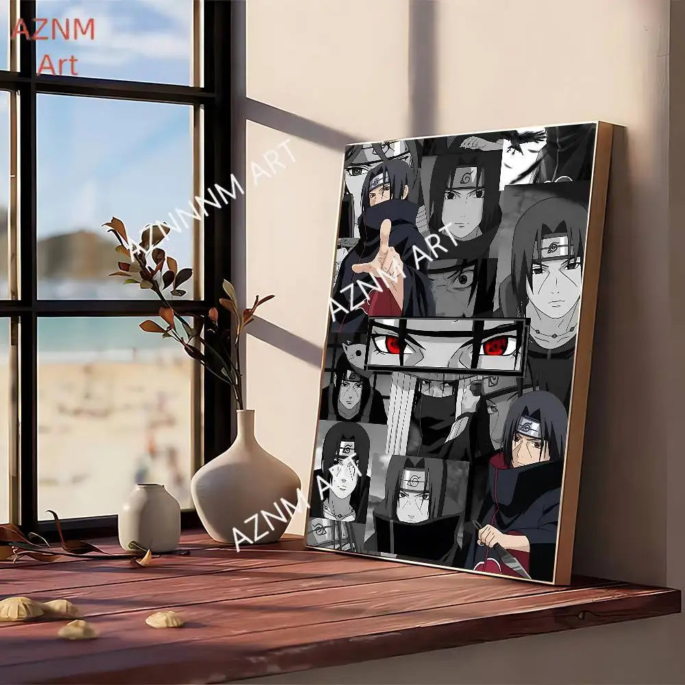A vertical canvas art poster featuring multiple stylized anime characters in dark and light tones.