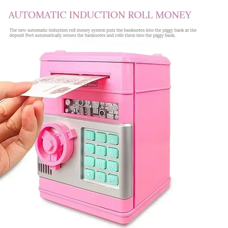 A pink automatic induction roll money system piggy bank with a keypad is being held by a hand.