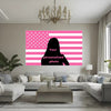 A modern living room featuring a large framed print of the American flag design with pink and white stripes and stars.