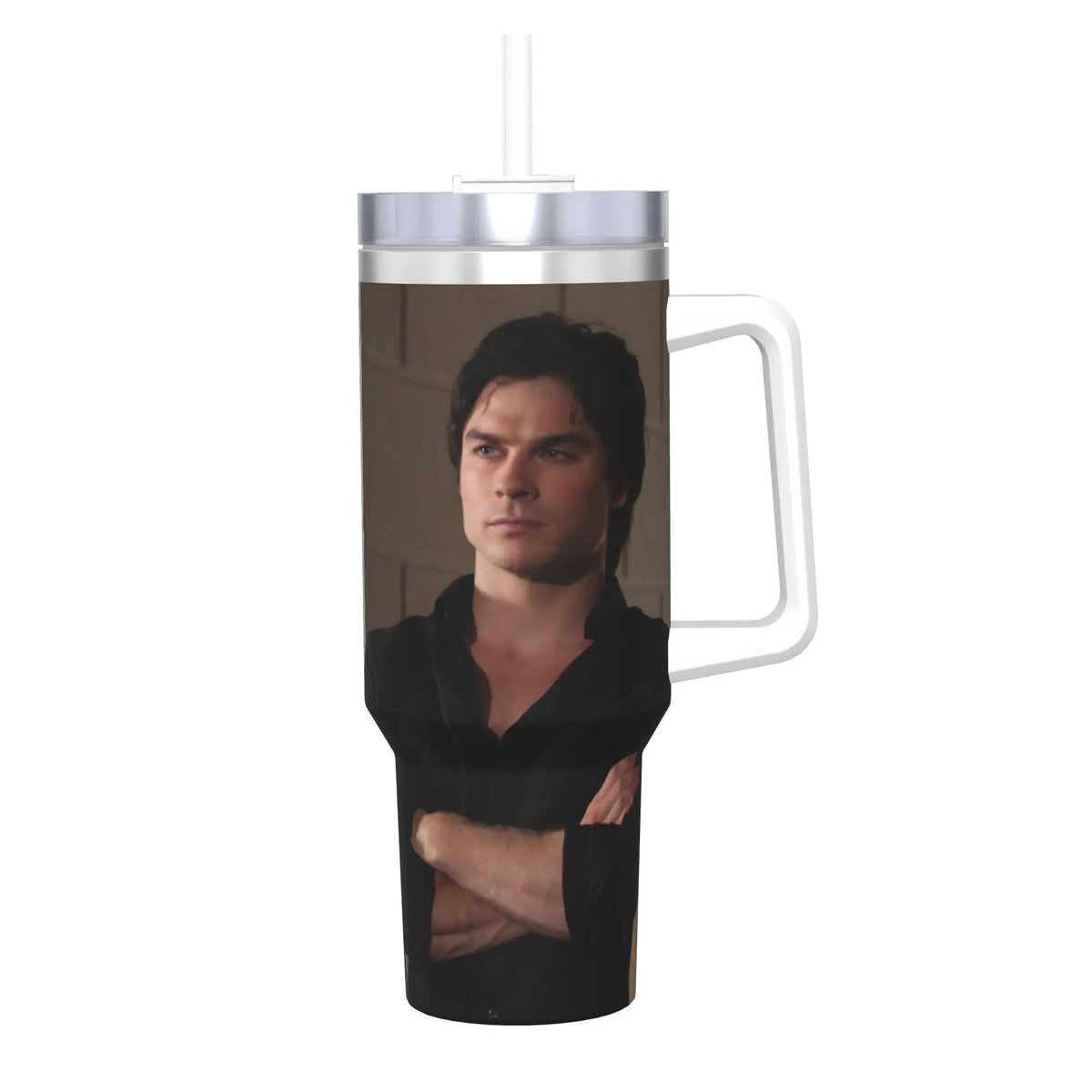 A stainless steel thermal tumbler with a straw featuring a portrait of a man.