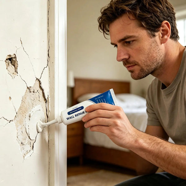A man applies a white wall repair paste kit to fill a crack in a white door frame.