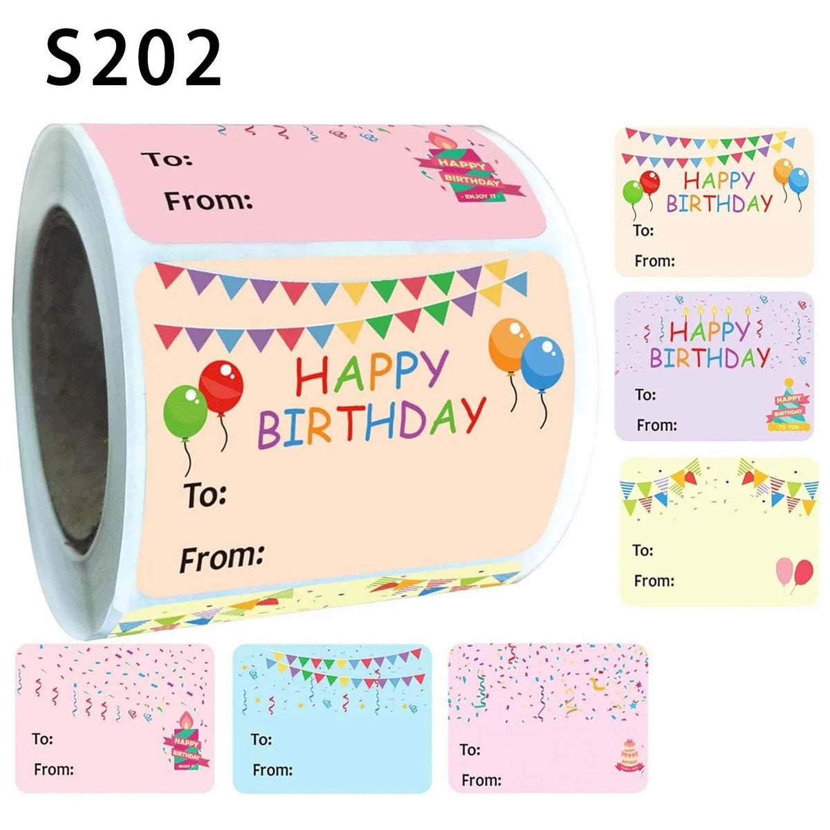 Roll of round self-adhesive gift tags for birthday party favors with various colorful designs