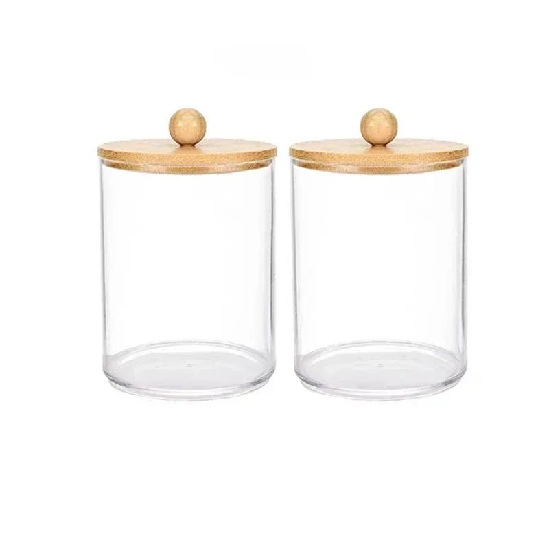 Clear glass apothecary jar storage organizer with wooden lids