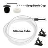 A clear silicone tube and a black soap bottle cap are shown for liquid soap dispensing.