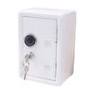 A white metal piggy bank with a combination lock and a hinged door.