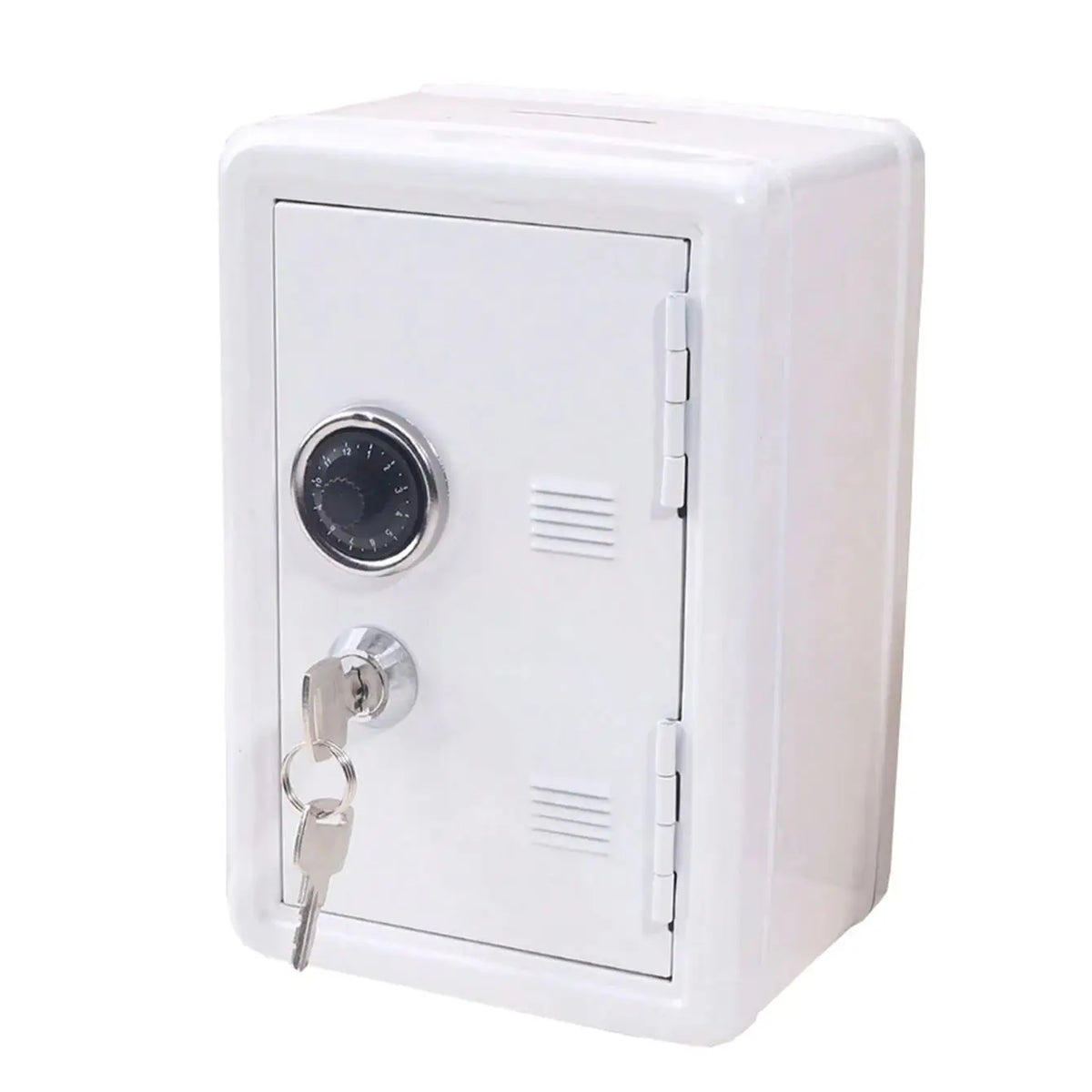 A white metal piggy bank with a combination lock and a hinged door.