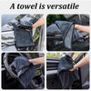 A dark gray microfiber towel is shown being used to clean and dry a car's exterior and interior.