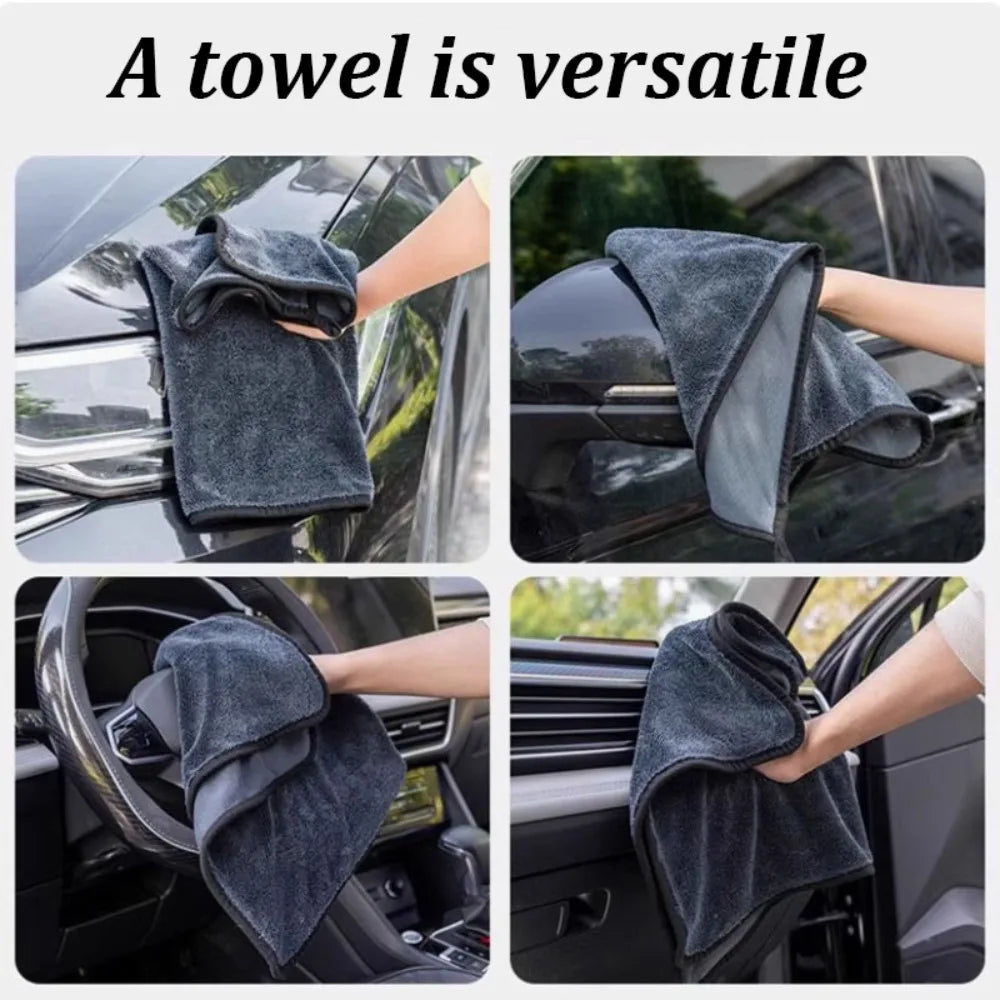 A dark gray microfiber towel is shown being used to clean and dry a car's exterior and interior.