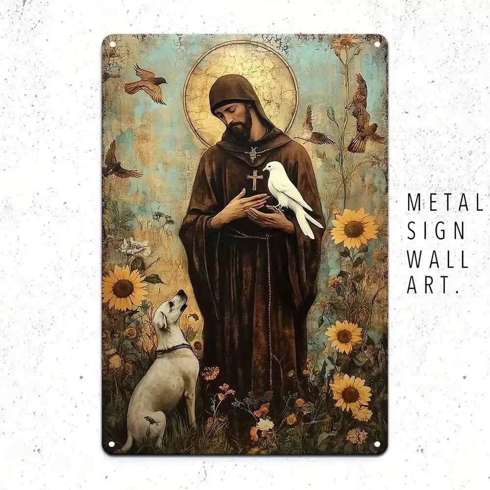 Placa de arte de aluminio vintage con un santo y halo, sosteniendo una paloma y un pájaro blanco, rodeado de flores.
