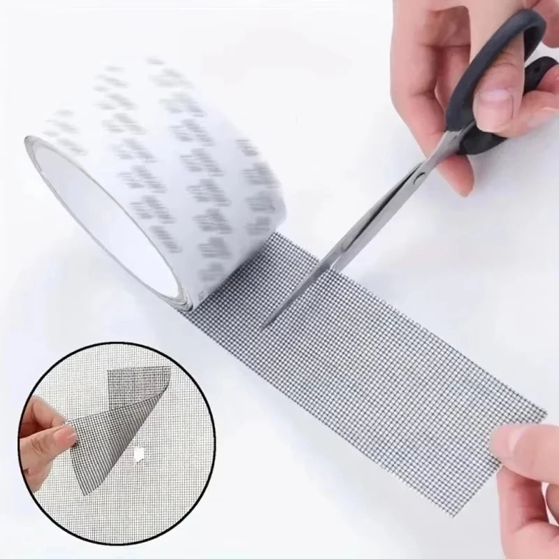 A hand uses scissors to cut and apply heavy duty waterproof window screen repair tape onto a surface.