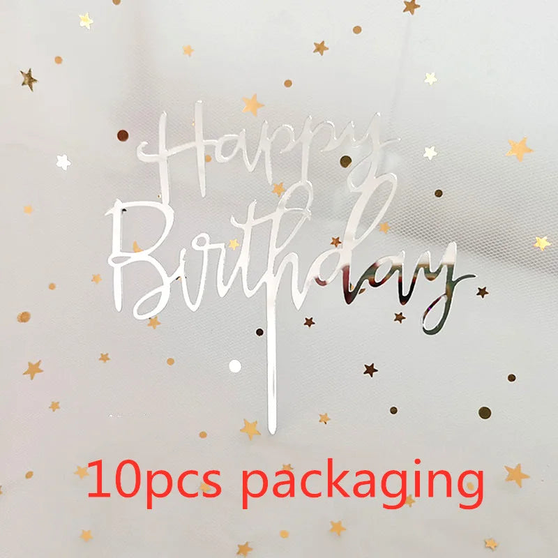 A clear acrylic sheet with 'Happy Birthday' written in silver glitter and gold stars, featuring 10 pieces packaging.