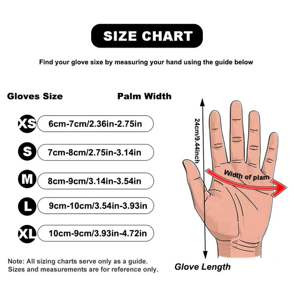 Size chart guide showing measurements for various glove sizes XS to XL