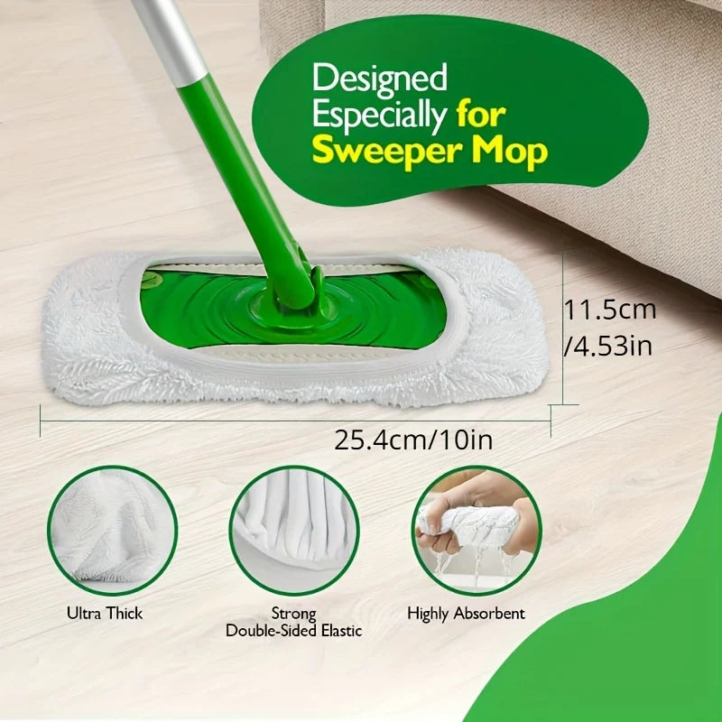 A green mop with a white cleaning cloth is shown, highlighting the ultra thick and highly absorbent double-sided elastic repl