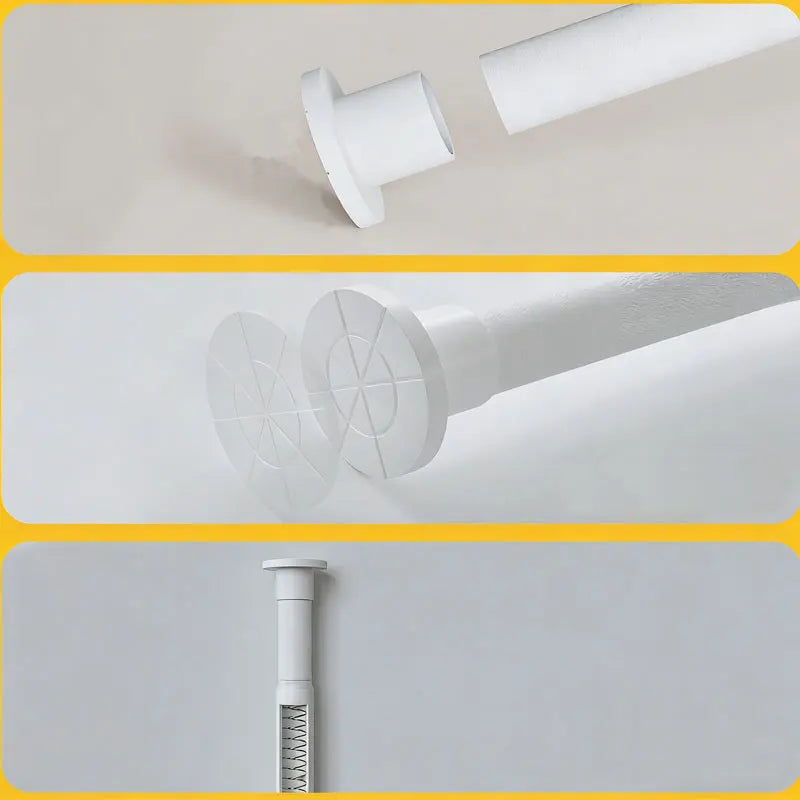 White stainless steel spring tension shower curtain rod components and installation guide.