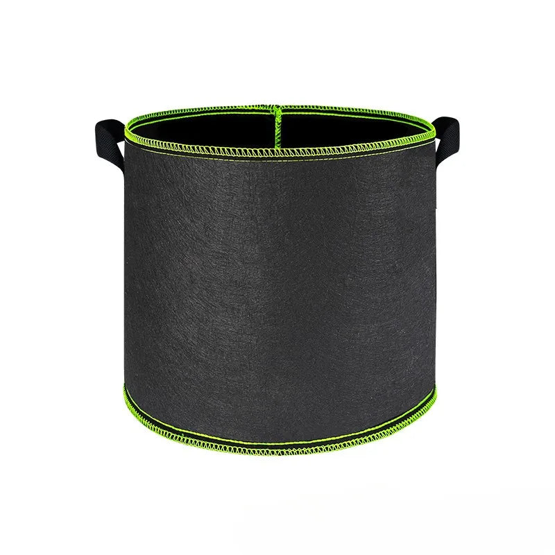 Black breathable fabric plant grow bags with green trim and sturdy handles